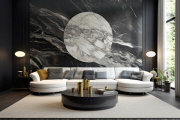 Modern living room interior in black tones, living room mock up, grey and black marble wall background with white sofa
