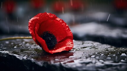 Pay tribute to fallen heroes with a close-up shot of a single red poppy resting on a war memorial, symbolizing sacrifice and remembrance.