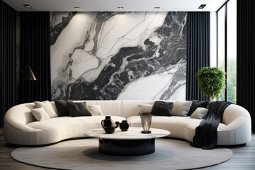 Large luxury modern bright interiors Living room mockup with black and white marble walls and white sofa 