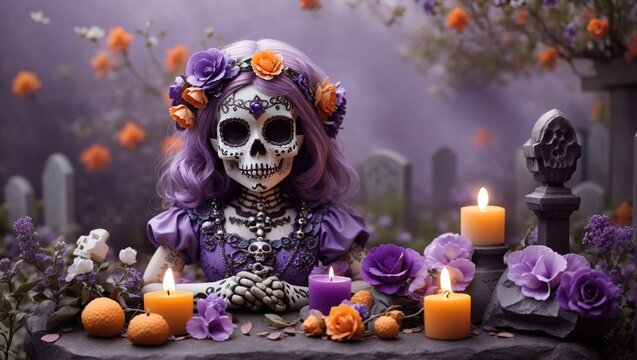 Halloween, garotinha caveira, com flores lil&aacute;s e laranja na cabe&ccedil;a. velas , ab&oacute;boras, 