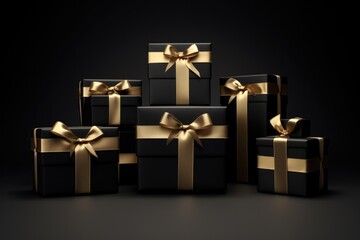 Black Friday Super Sale. golden gift boxes on the black background