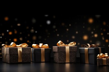 Black Friday Super Sale. golden gift boxes on the black background