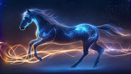 Obraz na płótnie Canvas Horse running, glowing in blue light.