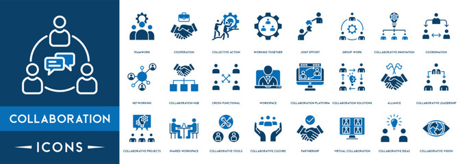 Collaboration icons set. Business team, collaboration, teamwork, team management, discussion, interaction and solution. - obrazy, fototapety, plakaty