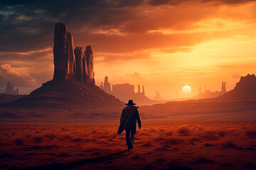 Fototapeta na wymiar Silhouette of Western Cowboy Walking Towards Sunset in Arizona Desert