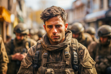 Fototapeta premium A soldier grieving on the battlefield Generative AI