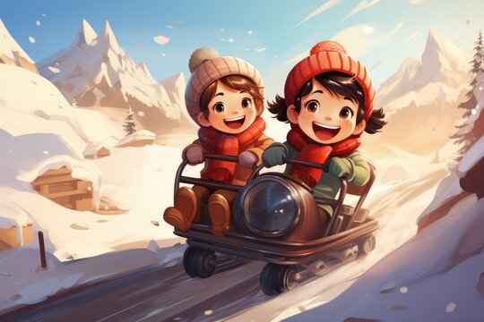 Children have fun sledding down the mountain against a background of snowflakes. cute illustration on in cartoon style.