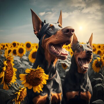 two Doberman dogs playing in a field of sunflowers 16k photorealistic dynamic composition cinematic color grading studio lighting hyper realistic 24k medium format camera 50mm prime lens 85mm prime 