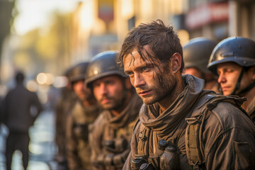 A soldier grieving on the battlefield Generative AI