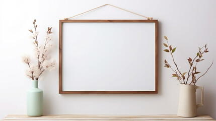 decorative white blank panel hanging on the wall, painting, canvas, mockup, space for text or image, flowers in a vase, home decor, modern interior, potted plants, stylish apartment design