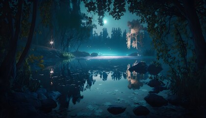 Obraz na płótnie Canvas cozy enchanted glowing lake in the night forest wide angle amazing view magical unreal engine 5 