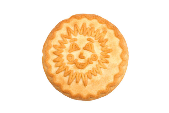 Round biscuits with the image of the sun on a white background. One sweet cookie isolated on a white background.