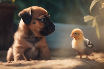 Small chick and a cute little puppy, AI generated