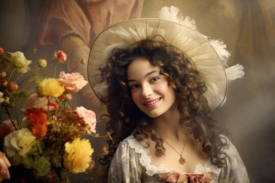 Nostalgia for old Paris: Acryl photo effect of young French woman with flowers, 18th century