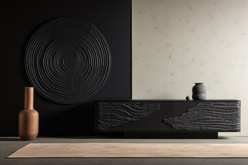 Dark colored cupboard in a minimalistic interior design composition
