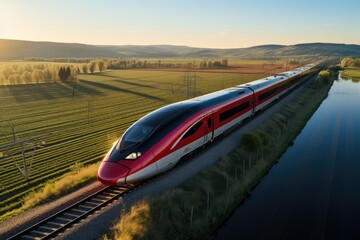 High speed train in motion on high speed railway. The train rushes among green landscapes, from above