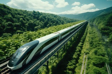 High speed train in motion on high speed railway. The train rushes among green landscapes, from above