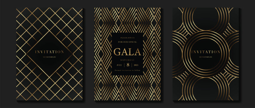 Luxury invitation card background vector. Golden elegant geometric pattern, gradient gold line on dark background. Premium design illustration for wedding and vip cover template, grand opening, gala.
