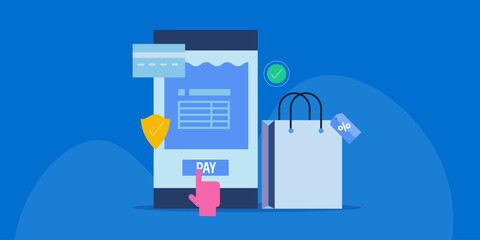 Person paying bill with mobile banking app integrated with bank card, online shopping, secure financial transaction conceptual vector illustration.