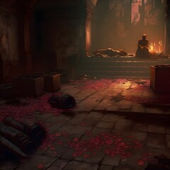 environment dark scene dark scene of Capuchin monks in the catacombs of Palermo a single realistic red rose lays on the center of the floor dusty air cobblestone floor faint golden light coming  - obrazy, fototapety, plakaty