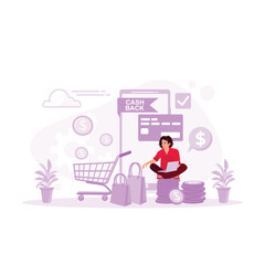 The man is sitting on a pile of coins, holding a laptop. Calculate cash back after paying bills using a credit card. trend modern vector flat illustration 