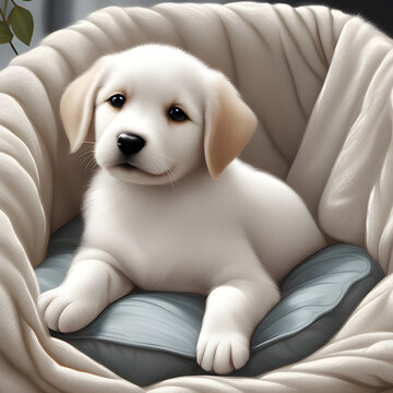 White  a puppy  on a cushion inside a cozy home.
Generative AI