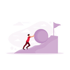 Business people work hard, pushing a load to the finish. Employee growth and motivation concept. In Progress concept. trend modern vector flat illustration 