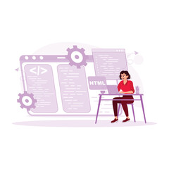 Female IT developer working on laptop programming software applications. Programmers concept. Trend Modern vector flat illustration