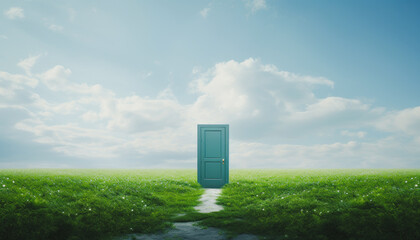 Isolated door in green field, Somewhere behind the door, Searching for new idea, Go out into the wide world, Nature is waiting for you, Hope and Opportunity