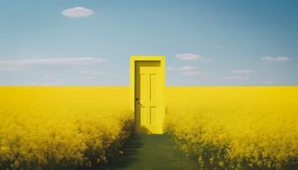 Isolated door in green field, Somewhere behind the door, Searching for new idea, Go out into the wide world, Nature is waiting for you, Hope and Opportunity