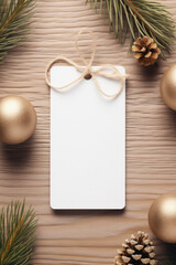 Fototapeta na wymiar Modern Gift Tag for Christmas Holiday Mockup on brown background