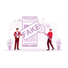  Two men analyze fake news from smartphones. Fake News concept. trend modern vector flat illustration