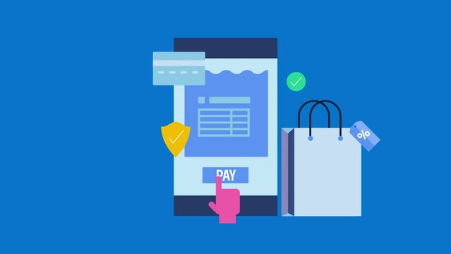 People using mobile banking app for online shopping, pay bill, digital money transfer, secure payment success conceptual video animation.