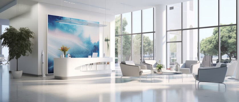 Contemporary dental modern clinic lobby with big glass and white wall.