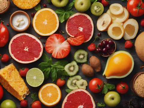 fruits and vegetables on black.fruits, vegetables, produce, healthy eating, nutrition, black background,