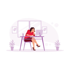 A businesswoman works before the computer and closes her eyes because she feels bored and tired of working. Boring Job Concept. Trend Modern vector flat illustration