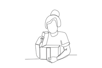 A woman opened the gift box. Boxing day one-line drawing