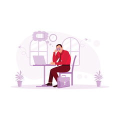 Tired businessman doing inefficient work sitting in front of a laptop with eyes covering eye stickers on the face. Boring Job Concept. Trend Modern vector flat illustration