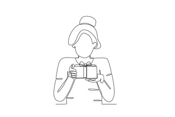 A happy woman receives a gift. Boxing day one-line drawing
