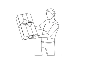 Fototapeta na wymiar A man holding a box. Boxing day one-line drawing
