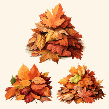 Watercolor pile of autumn vector, Autumnal leaves isolated on background illustration.