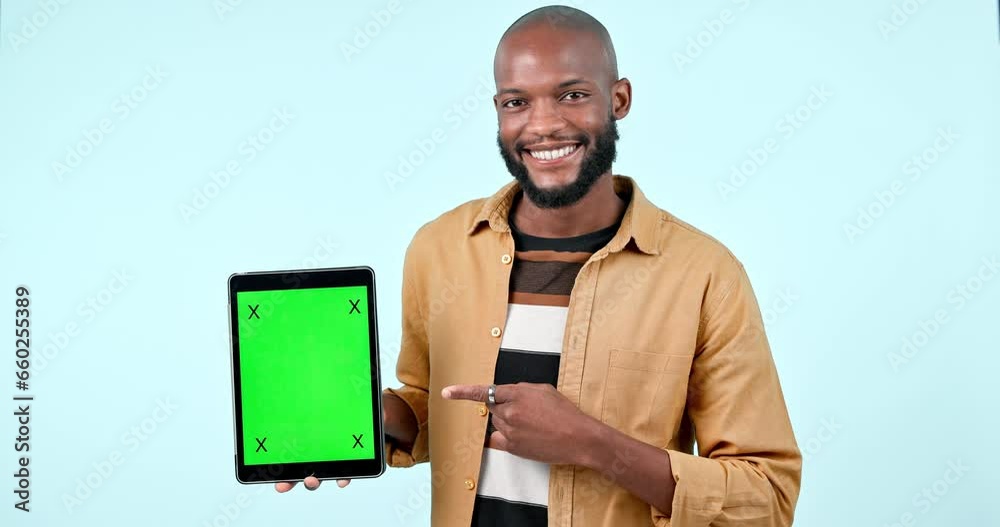 Poster tablet mock up, green screen and pointing in studio with website, internet and social network. hand,