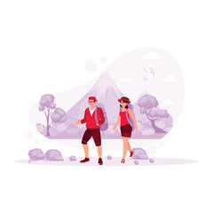 A young couple of travelers with backpacks on their backs climbs a mountain along a steep path. Family Travel and Adventure. Hiking Mountain concept. Trend Modern vector flat illustration