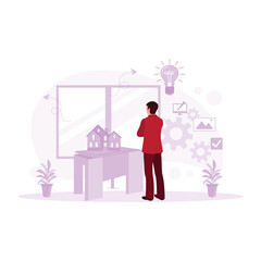 Young architect standing in front of the window looking at a model of a new house to be built. Architect concept. Trend Modern vector flat illustration