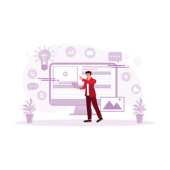 Young entrepreneurs looking for online marketing ideas on social media. Content Marketing concept. Trend Modern vector flat illustration