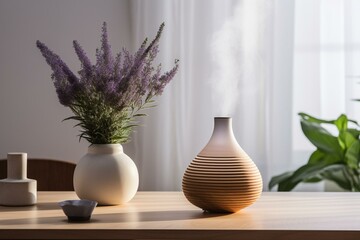 a table with a diffuser, vase, and lavender plant. Generative AI