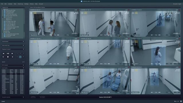Playback CCTV cameras in hospital hallway on computer or tablet screen. User interface of monitoring program and people AI recognition system. Security cameras. Concept of surveillance and tracking.