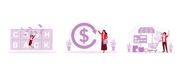 Catch money flying over it. Touch the money back symbol. Man making online payments with a credit card. Cash Back concept. Set Trend Modern vector flat illustration