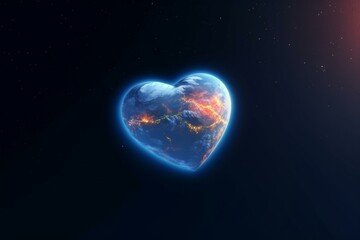 Heart-shaped Earth in space symbolizes saving the planet. 3D representation. Generative AI