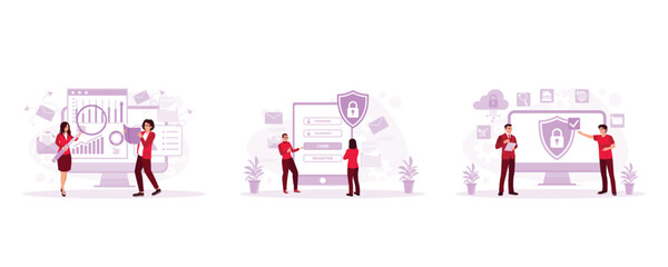 Check incoming emails to the company. The padlock icon on a mobile phone. Accessing corporate email data cyber security. Email Encryption concept. Set Trend Modern vector flat illustration